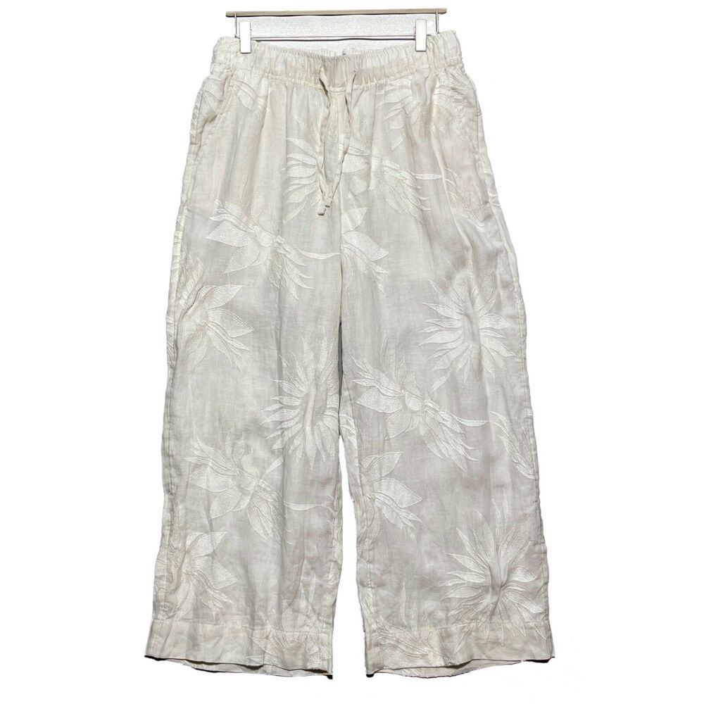 NWOT JOIE 100% Linen Wide Leg Pants Sz L Elastic Waist Drawstring Embroidered